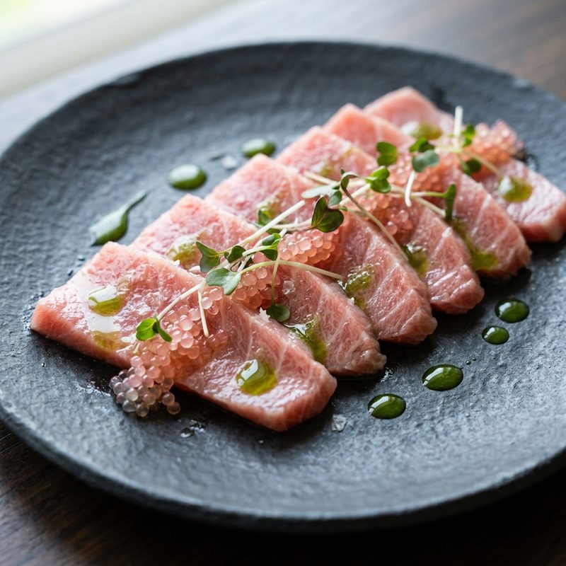 Bluefin tuna belly with wasabi oil and finger lime